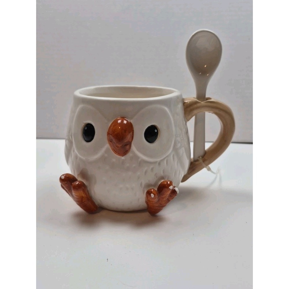 Arlington Designs Owl Coffee Tea Hot Chocolate Mug Cup White with Spoon Flaw